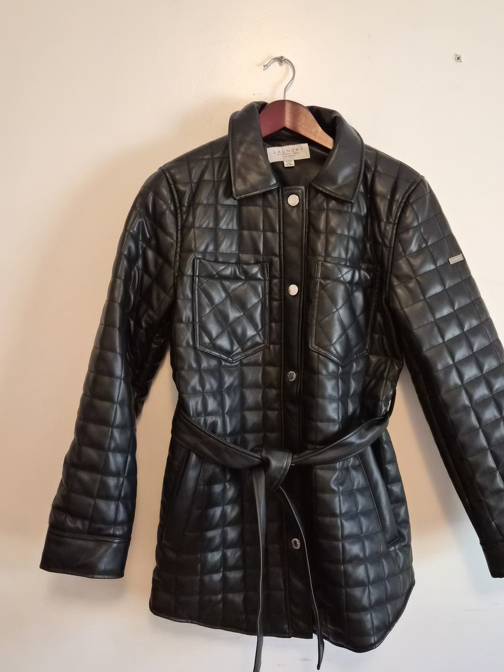 Laundry By Shelli Segal Black Quilted Faux-Leather Belted Jacket